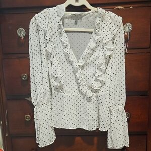 Chic White Blouse with Black Dots and Ruffles